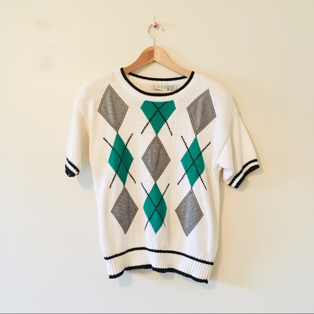 Vintage 80s Knit Top Sweater short sleeve argyle diamond ladies size small